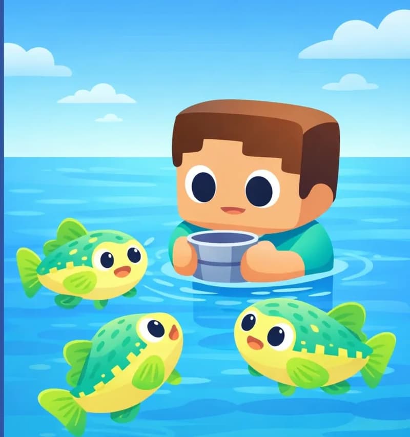 On the right side of the image, Steve sits submerged in the shallow ocean water up to his shoulders, holding a gray bucket just above the waterline, staying very still with a quiet, focused expression. He has a large square head, short brown hair, light peach skin, and the top of his teal/cyan short-sleeve t-shirt is visible above the water. Several Cod swim up close to him in the shallow water, approaching naively. Each Cod has a round, chubby body with a pale yellow underbelly, green-and-teal patterned back with small rectangular spot markings, large round black eyes with white highlights, and lime-green fins. The scene is set outdoors on a bright day with a blue sky and wispy clouds, with the open sea stretching to the horizon. The left side of the image is occupied by a large dark blue text overlay area.