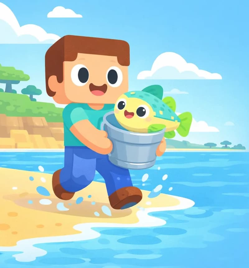 On the left side of the image, Steve stands on a sandy beach at the edge of the sea, jumping or stepping triumphantly out of the shallow water with an excited, proud expression. He has a large square head, short brown hair, light peach skin, large round dark-blue eyes, and wears a teal/cyan short-sleeve t-shirt, blue pants, and dark brown shoes — visibly wet. He holds a gray bucket in both hands, and inside the bucket Cod is visible — a round, chubby fish with a pale yellow underbelly, green-and-teal patterned back, large round black eyes, and lime-green fins, flopping in the bucket. The ocean stretches out behind him under a daytime sky with scattered clouds, and green terrain with trees is visible in the background. The right side of the image is open sky and background suitable for text overlay.