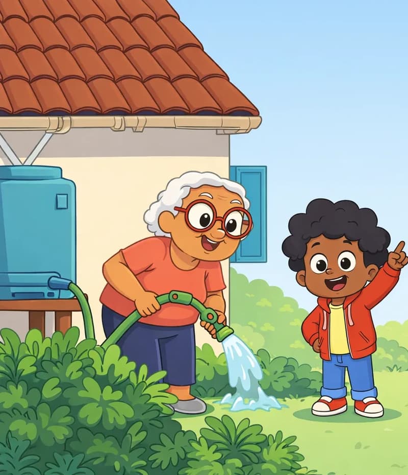 On the left side of the image, Gran stands in a lush garden beside a house, leaning forward slightly as she holds a garden hose connected to a water tank mounted on the side of the house, watering the dense green bushes and plants around her. She has a warm, focused expression. The child stands to Gran's left, smiling cheerfully with one arm raised in an excited wave or celebratory gesture. The scene is set outdoors on a bright day in a suburban backyard, with the side of a house and its tiled roof visible behind them, and thick green foliage filling the lower portion of the image. The right ~40% of the image is open, plain pale sky with no characters or detail.