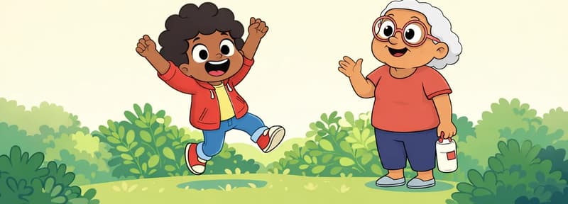 In the lower half of the image, the child is jumping joyfully among lush garden plants with both arms raised high and a wide, excited grin. Gran stands to the right, smiling warmly and looking at the child with one hand raised in a gentle gesture, holding a water bottle in her other hand. They are outdoors in a sunny backyard garden surrounded by green leafy bushes and plants, with a plain pale yellow sky filling the top half of the image.
