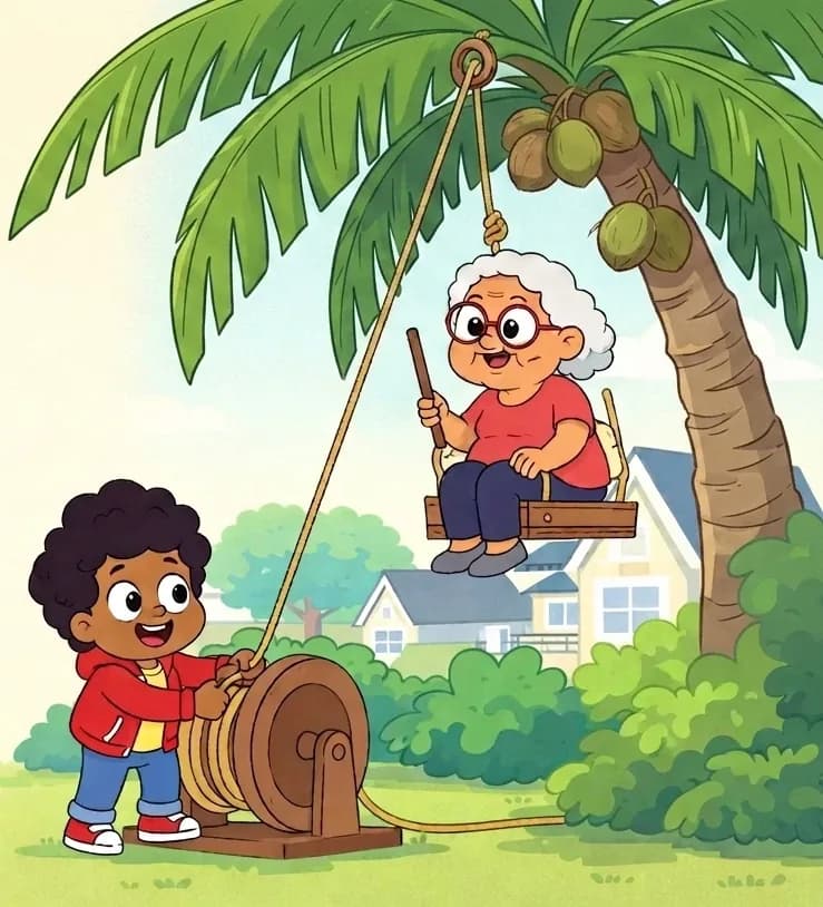 On the right side of the image, Gran sits on a small wooden platform attached to a rope-and-pulley lift system rigged to a large tree, holding a stick or tool, looking calm and determined as she is hoisted upward. The child stands near the center-left, gripping and turning a large wheel/winch mechanism connected to the rope, with an excited expression. The scene is set outdoors in a sunny suburban American backyard with leafy trees, green shrubs, and houses visible in the background.