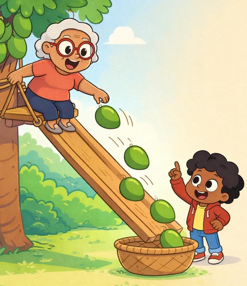 On the left side of the image, Gran is perched partway up a tree, on a small wooden platform attached to a rope-and-pulley lift system, smiling cheerfully as she sends green fruit sliding down a long wooden plank that angles from the tree trunk toward the ground. Several fruit are tumbling down the slide mid-air, landing into a large woven basket waiting at the bottom. The child stands on the ground near the basket, looking up at Gran with an eager, excited expression, ready to help collect the fruit. The scene is set outdoors in a sunny backyard with lush green bushes and trees in the background, with the right side of the image fading to a plain warm-toned background.