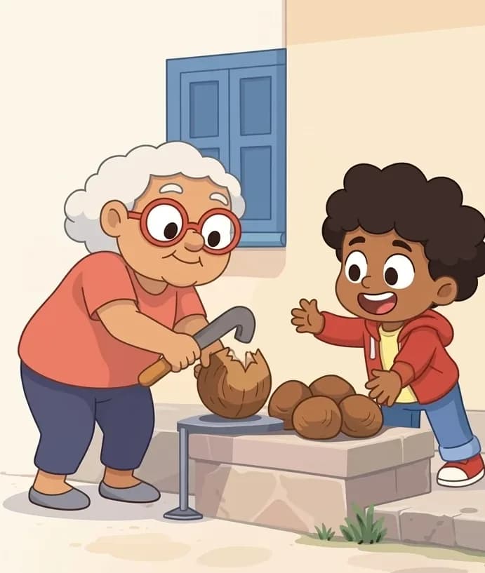 On the right side of the image, Gran stands leaning forward with a determined expression, gripping a large coconut husk and using a tool to cut through it. The child stands nearby on the far right, smiling and reaching forward eagerly to help or receive the coconut. They are positioned on a low stone ledge or step outside the front of a suburban American home, with a blue-shuttered window visible behind them. A small pile of coconuts sits on the ledge between them. The scene is set outdoors in warm daylight.