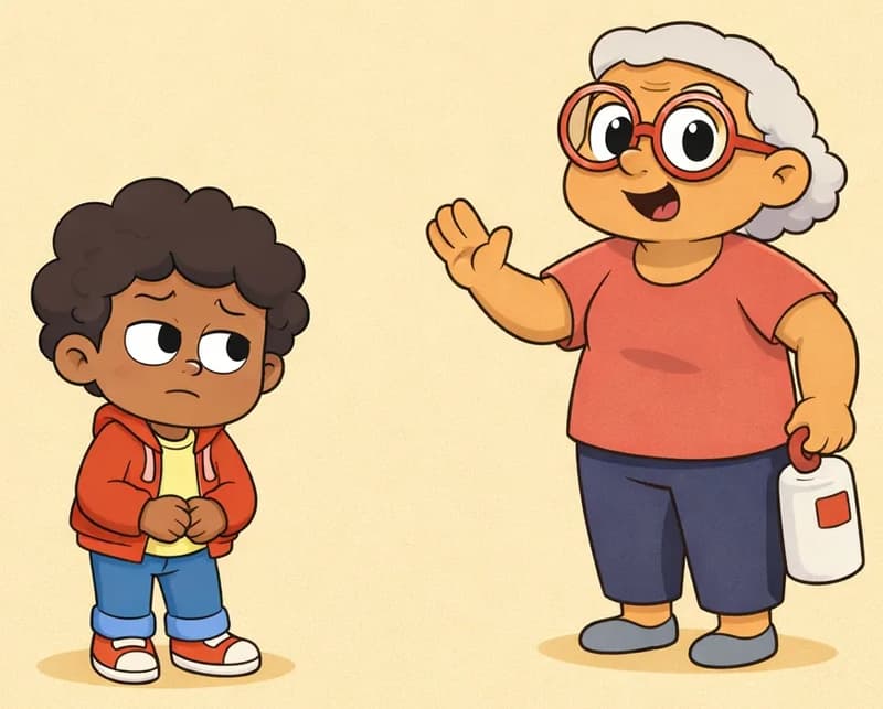 On the left side of the image, the child stands with a tired, slightly reluctant expression, hands clasped together in front, looking off to the side as if wanting to slip away to play. Nearby, Gran stands with a firm but warm expression, one hand on her hip and the other hand raised in a beckoning gesture, calling the child back to work. The scene is set against a plain, soft yellow background.