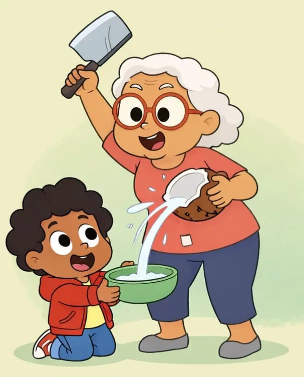 On the right side of the image, Gran stands with a determined, confident expression, raising a large blade high above her head with one hand while holding a cracked coconut in the other, coconut water splashing outward. The child kneels beside her on the ground, looking up with wide-eyed excitement, arms extended holding a bowl to catch the coconut water as it streams down. The scene is set against a plain, muted green-yellow background with a soft circular wash behind the characters, keeping the left side clear.