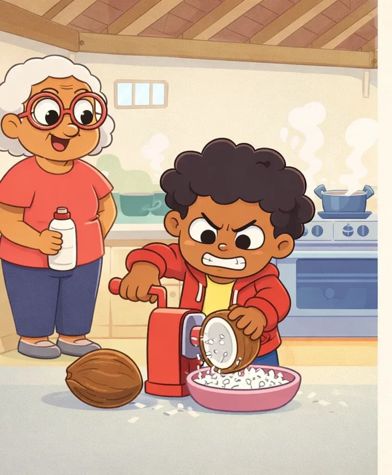 On the left side of the image, the child stands at a kitchen counter with a determined, straining expression — teeth gritted and brows furrowed — using a red hand-cranked tool to scrape out the flesh of a large brown coconut. Gran is partially visible at the far left edge, smiling warmly as she works at the counter beside the child. The scene is set indoors in a home kitchen, with pots steaming on a stove in the background and a bowl of scraped coconut flesh on the counter. The right ~40% of the image is plain background.