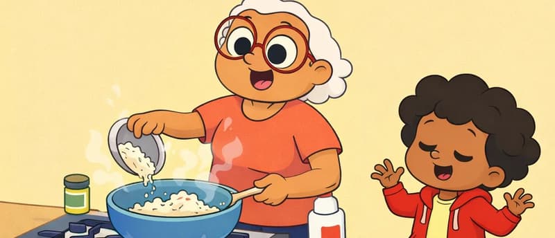 In the lower-left portion of the image, Gran stands at a kitchen stove, smiling warmly as she pours grated coconut from a small pan into a large mixing bowl, with steam rising from the bowl. The child stands beside her to the right, eyes closed and smiling contentedly, hands raised as if savoring the aroma. The scene is set in a cozy indoor kitchen with a gas stovetop, a jar on the counter, and a plain warm-yellow background filling the top half of the image.