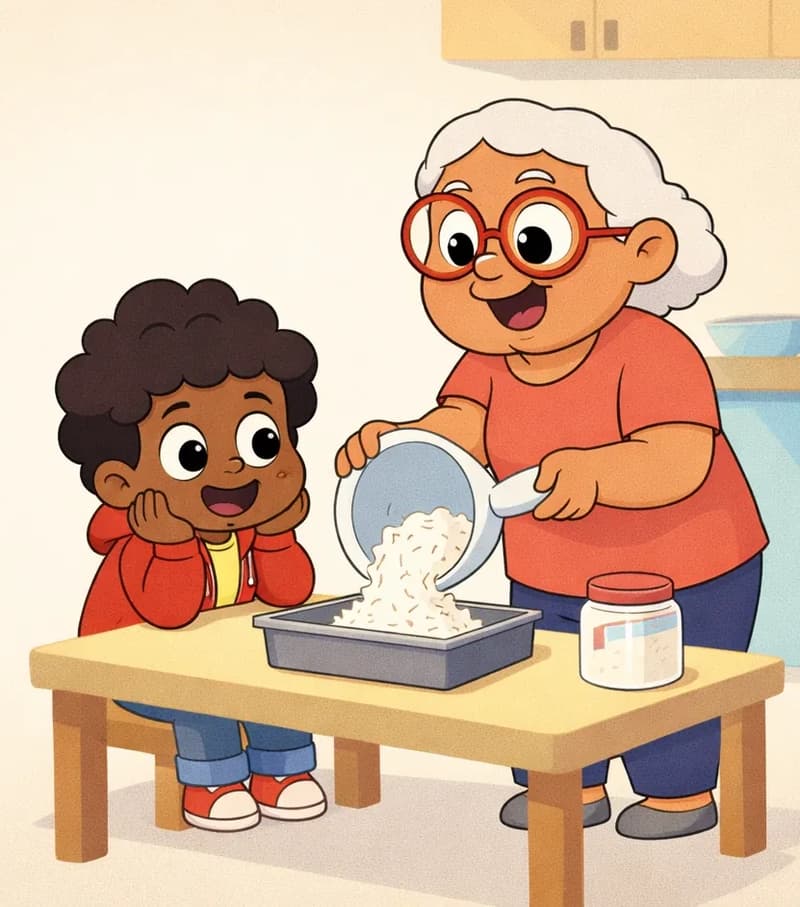 On the right side of the image, Gran stands at a small table, smiling warmly as she tips a bowl of shredded coconut into a rectangular baking tin. The child sits beside her at the table, resting their chin on their hands with an eager, excited expression, watching Gran work. The table holds a glass jar and other baking supplies. The scene is set indoors in a cozy kitchen with a plain wall behind them, giving a warm, domestic feel.