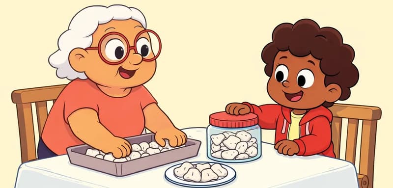 In the lower-left portion of the image, Gran and the child sit at a kitchen table covered with a lace-edged cloth. Gran is seated on the left, smiling and leaning forward with both hands on a tray filled with coconut chunks. The child sits across from her on the right, smiling contentedly while placing a lid onto a glass jar filled with coconut pieces. A plate of coconut chunks also sits on the table between them. The top half of the image is plain pale yellow background.