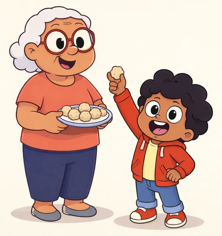 On the left side of the image, Gran stands smiling warmly, holding a plate of freshly made treats. Beside her, the child stands with one arm raised triumphantly, holding up a treat with a wide, excited open-mouthed grin. The scene is set indoors against a plain, light background, with a soft shadow beneath both characters. The right side of the image is plain cream-colored background with no detail.
