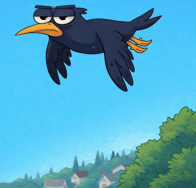 Crow is flying on the right side of the image, wings angled downward and body drooping slightly, giving a tired, weary appearance consistent with having been on a long flight. Crow's expression looks fatigued, with half-closed eyes. The scene is set outdoors on a clear day against a bright blue sky, with green treetops visible in the lower-right corner below Crow as it glides over a suburban neighborhood landscape.