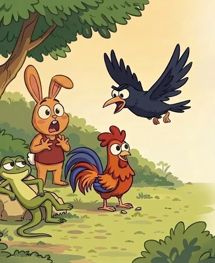 On the left side of the image, Crow flies in from the right-center with wings spread wide, beak open, looking eagerly toward the other characters. Beneath a large leafy tree on the far left, Rabbit stands upright with arms raised in surprise, Rooster stands on the ground pecking or looking forward with a calm expression, and Lizard sits casually on a rock, smiling with one arm resting on its knee. The scene is set outdoors in a sunny, grassy suburban yard with trees and soft dappled light. The right ~40% of the image is plain white background. A small yellow bird is visible flying near Crow.