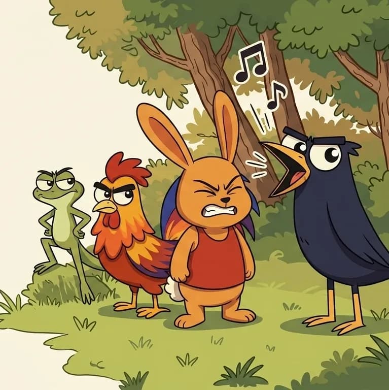 On the left side of the image, Crow stands on a tree branch or in the clearing with beak wide open, singing loudly with musical notes emanating from him. On the right side of the image, Rabbit stands upright on a grassy area beneath trees, eyes squeezed shut with an annoyed, grimacing expression, as if the noise is unbearable. Rooster stands nearby in the center-right, looking irritated with a frown. Lizard is perched in the grass just behind Rooster, also looking displeased with a scowl. The scene is set outdoors in a sunny, green woodland clearing with large trees and dappled light.