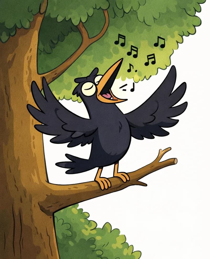 On the left side of the image, Crow is perched on a high tree branch with wings spread wide, head tilted back and eyes closed in a blissful expression, singing loudly. Musical notes float up from Crow into the air around the green leafy canopy. The scene is set outdoors during the daytime against a large tree with lush green foliage. The right side of the image is plain white background.