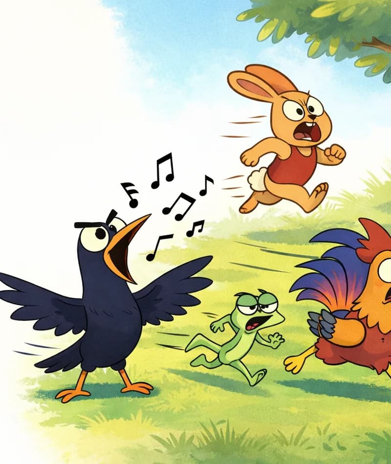 On the right side of the image, Crow stands in the center with his beak wide open, wings spread dramatically, singing loudly with musical notes floating from his mouth. Rooster dashes away to the right with a startled expression. Rabbit bolts toward the upper right looking alarmed. Lizard dashes away in the background between them, also fleeing. The scene is set outdoors on a grassy field on a bright, sunny day with blue sky and a tree branch visible in the upper-right corner. The left side of the image is plain white background.