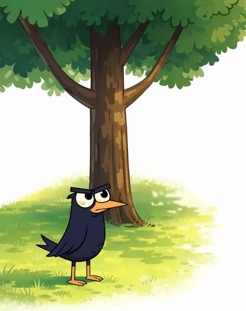 Crow stands alone on the far left of the image, small and solitary in a sunlit grassy park setting beneath a large tree. Crow is perched on the ground, looking determined with beak slightly raised as if ready to set off. A tall tree with dark bark and lush green canopy dominates the left-center of the scene, with dappled light filtering through onto bright green grass. The right side of the image is open, plain white background. The overall mood is quiet and a bit lonely, reflecting that Crow's friends have left.