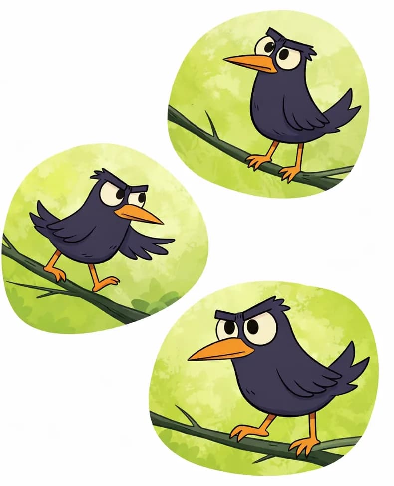 On the right side of the image, Crow is shown in three separate vignettes set against soft green leaf-shaped patches, depicting him flitting from branch to branch. In the top vignette, Crow perches upright on a branch with his head tilted, listening. In the middle vignette, Crow is mid-hop with wings slightly spread, leaning forward in motion along a branch. In the bottom-right vignette, Crow is shown in a close-up, perched on a branch with a curious, searching expression, beak pointed forward. The left side of the image is plain white background. The outdoor scene is bright and airy, suggesting daytime.