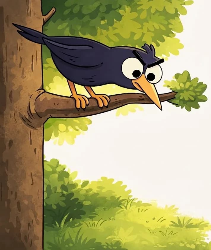 Crow is perched on a branch in the upper-left of the image, high up in a large tree, leaning forward with a curious, wide-eyed expression as he peers down at something below. On the ground beneath the tree, a small brown wooden sign or post sits in the grass, catching Crow's attention. The scene is set outdoors in a wooded area with lush green foliage and soft dappled light, with the right side of the image open as plain white background.