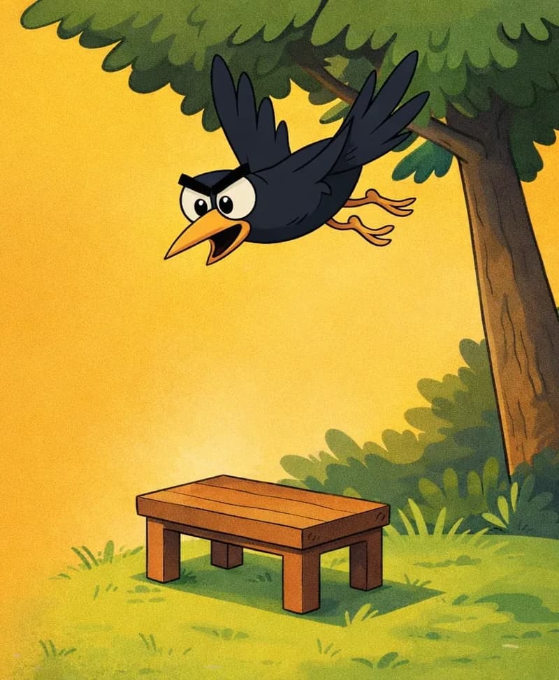On the right side of the image, Crow is flying downward from the canopy of a large tree, wings spread wide, looking excitedly toward a wooden bench sitting on a grassy patch below. The bench looks like a small stage to Crow. The scene is an outdoor park setting bathed in warm golden-yellow light, suggesting a sunny afternoon. The left side of the image is open golden background, while the bench, tree, and Crow are all positioned on the right.