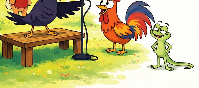 On the left side of the image, Crow stands on a small wooden stage (the bench from the previous page), wings spread wide as he sets up a microphone on a tall stand. Rabbit stands nearby, looking on with a curious expression and ears perked up. Rooster stands to the right of the stage, watching Crow with wide eyes and interest. Lizard stands further back, leaning in toward the stage with a smile and curiosity. The scene is set outdoors in a sunny, grassy park area beneath a large leafy tree, with soft dappled light and scattered wildflowers on the ground. The right ~40% of the image is plain white background. A small blue bird is perched on the tree in the upper left.