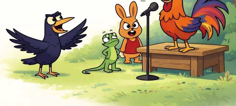 On the right side of the image, Rooster stands on a small wooden stage, leaning forward joyfully into a microphone stand, beak open wide as musical notes float upward, eyes wide with surprise and delight at the sound of his own singing. Rabbit stands just behind the stage, watching with a happy expression. Lizard stands in front of the stage near the microphone stand, looking up at Rooster. Crow is positioned in the center-left area, wings spread wide with an encouraging, excited pose, facing toward the group on the right. The scene is set outdoors on a sunny day in a grassy clearing with soft green trees and foliage in the background. A small blue bird is visible in the upper right area near the trees.