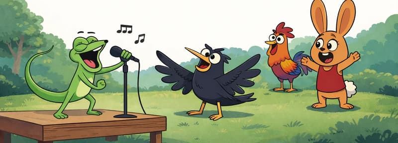 In the lower-left portion of the image, Lizard stands on a wooden stage, mouth wide open and singing enthusiastically into a microphone on a stand, with musical notes floating above her, belting it out like a rockstar. In the lower-center, Crow faces Lizard with wings spread wide, looking excited and cheering her on. Behind Crow to the right, Rooster perches and watches the performance, while Rabbit stands nearby with arms slightly raised and a happy smile, enjoying the show. The scene is set outdoors on a sunny day in a grassy park area with trees and colorful foliage on the left side, and open sky above.