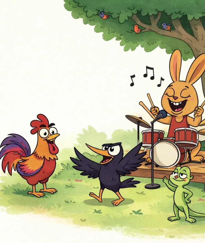 On the right side of the image, Rabbit sits behind a drum set on a wooden stage, singing into a microphone on a stand with eyes closed and mouth open joyfully, while playing the drums with drumsticks. Musical notes float above her head. Crow is in the center-right, wings spread wide as if dancing or cheering. Rooster stands to the left of Crow, looking on with an excited expression. Lizard stands upright nearby, watching the performance with one arm raised. The scene is set outdoors on a sunny grassy area beneath a large leafy tree, with small colorful birds perched in the branches above.