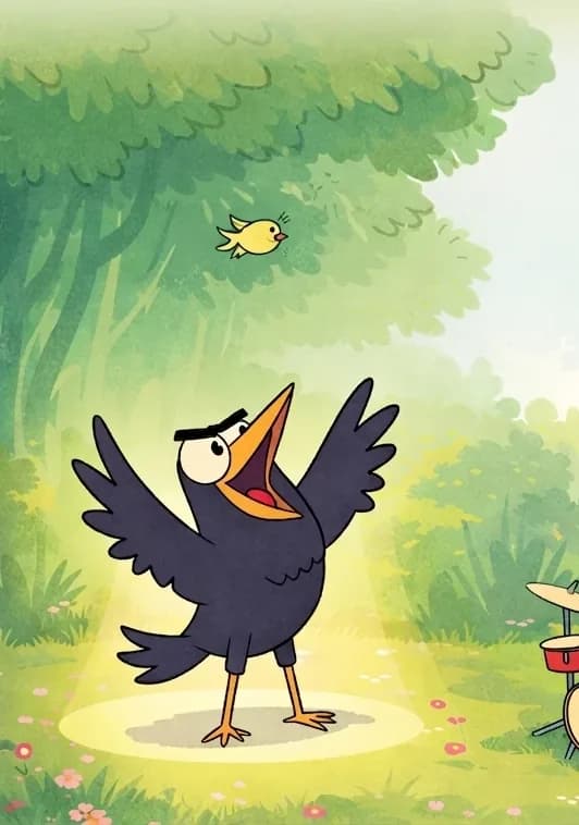 On the left side of the image, Crow stands center-stage with wings spread wide, performing and singing enthusiastically in a sunny outdoor clearing, standing in a spotlight. Facing Crow as an appreciative audience, Rabbit sits behind a drum set tapping a drum with a happy smile, Rooster stands in front with wings spread joyfully, and Lizard stands nearby watching with delight. The scene is set in a bright, grassy meadow bordered by lush green trees, with small flowers dotting the ground. A small yellow bird is flying in the upper-left background among the trees.