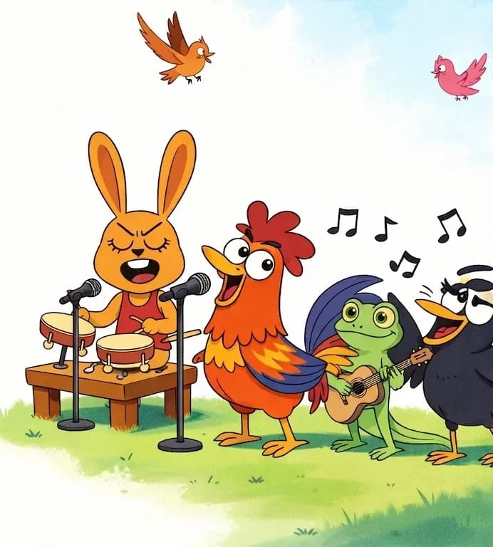 On the right side of the image, the four animals are performing together as a band outdoors on a grassy area under a blue sky. Rabbit sits behind a drum set with eyes closed and mouth open, singing happily while playing drums. Rooster stands in front of a microphone, singing with a joyful expression. Lizard stands upright behind Rooster, strumming a guitar with a wide grin. Crow is on the far right, dancing with wings spread wide and music notes floating around him, looking delighted. The left side of the image is plain white/sky background. Two small birds, one orange-brown and one pink, are flying in the sky above the band.