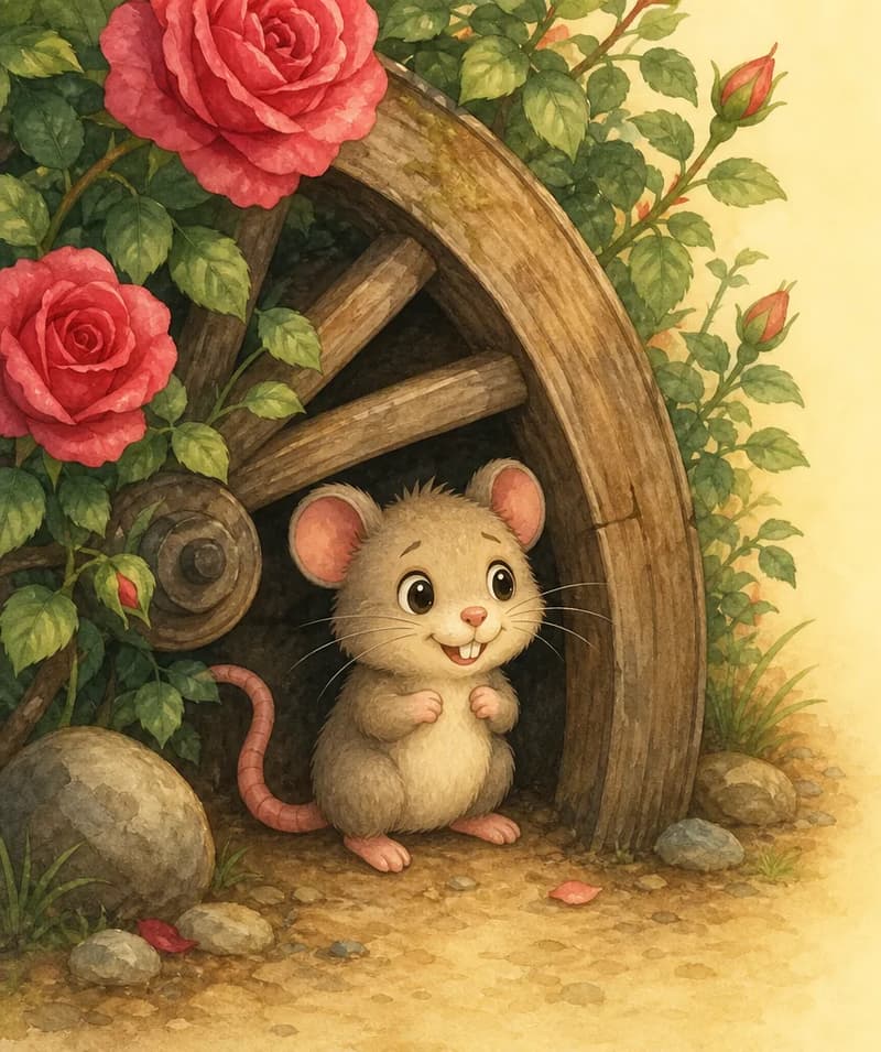 Introduce Ramón. Show him in a small cozy nook tucked under an old wooden wheel beside a rosebush. His big teeth, whiskers and long sock-like tail are clearly visible. His expression is alert and a little wary (foxes worry him), but he is safely in his corner. Mood: cozy hideout introduction.