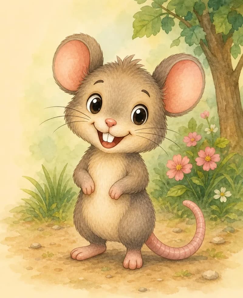 Ramón shown in a clear, illustrative pose so each feature is visible: he stands on his back paws, mouth slightly open to show his big teeth, whiskers fanned out, and his long sock-like tail trailing behind him. Setting: a small patch of ground in the park. Mood: a clean reference look at Ramón.