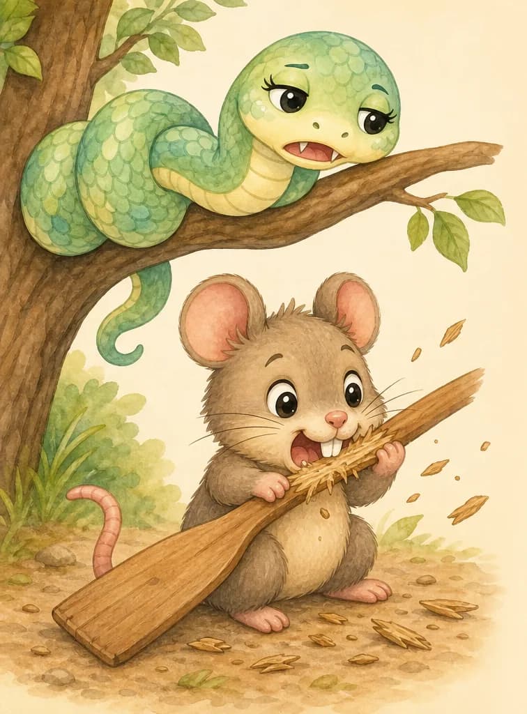 Ramón sits on the ground gnawing energetically on the wooden oar with his big strong teeth — clearly making lots of noise. On a tree branch just above, Sara the snake has just woken up; she is coiled on the branch and looks at Ramón with a sleepy, slightly annoyed expression, fangs just visible. Mood: noisy interruption.