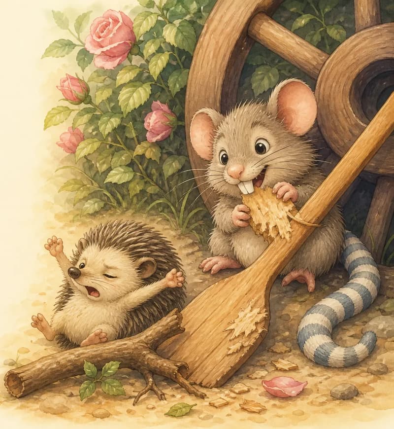Ramón continues gnawing on the oar nearby. Beside him on the ground, Enrique the hedgehog has just woken up next to a fallen branch — he stretches with a sleepy, mildly exasperated expression, his spines clearly visible. Mood: sleepy waking-up, gently grumpy.