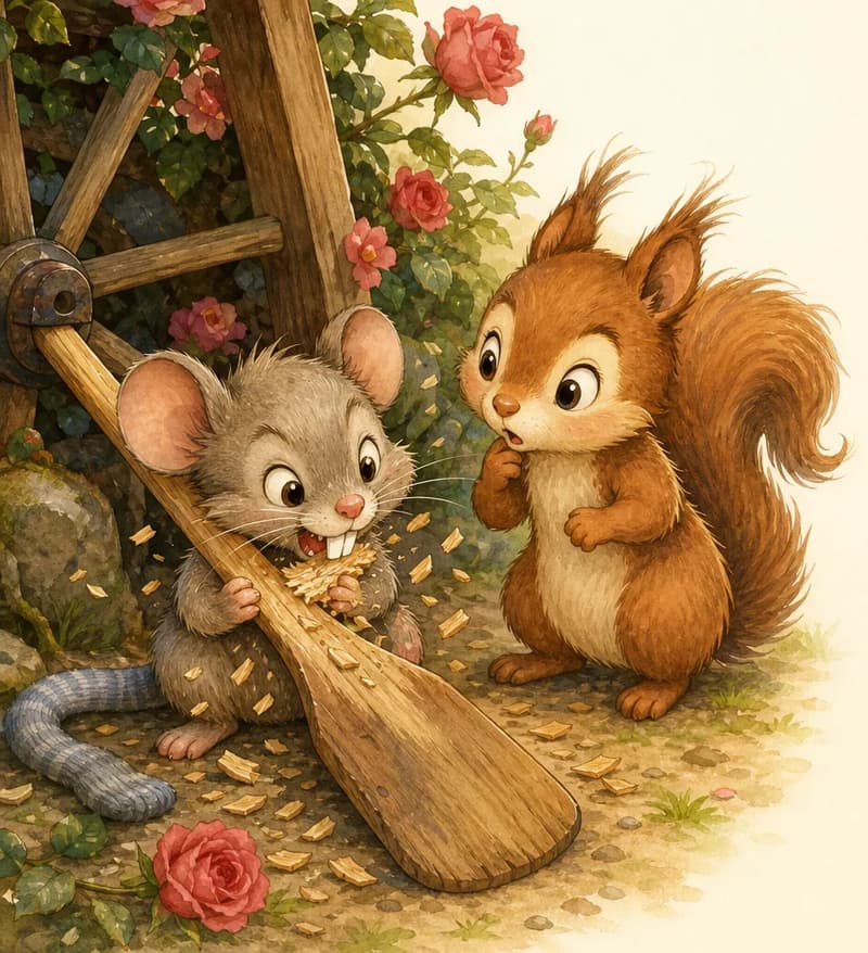 Ramón gnaws furiously and rapidly on the oar, with little wood chips flying. Adela the squirrel stands beside him on her back legs, her fluffy dishevelled tail curling up behind her, leaning toward him with a puzzled, questioning expression. Mood: curious squirrel meets noisy mouse.