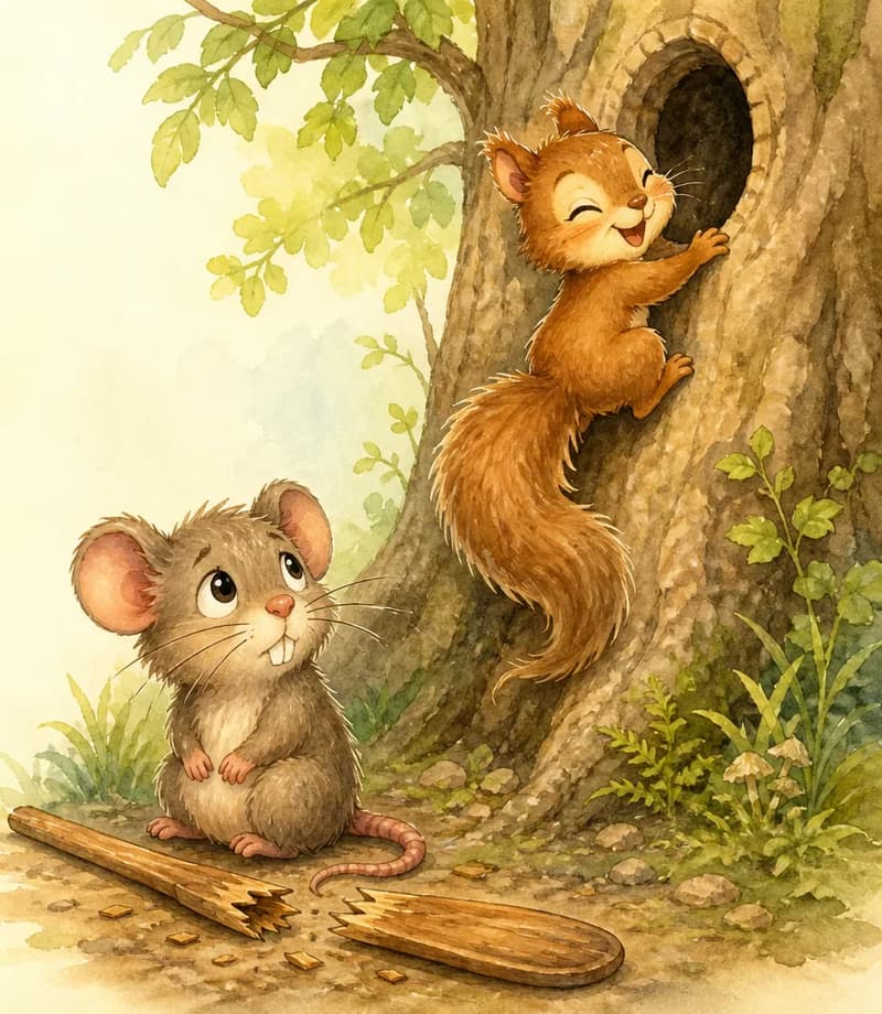The wooden oar is now visibly broken/snapped on the ground. Ramón sits beside it looking up silently, almost guilty, without answering. Adela laughs softly as she climbs back up a tree trunk toward her hollow, tail trailing. Mood: gentle silent moment with the laughing squirrel heading home.