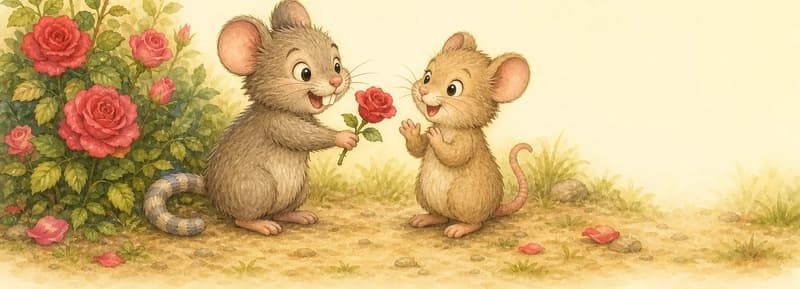 Ramón holds out a single red rose to Rita beside the rosebush. Rita laughs warmly as she receives the gift, paws gently lifted. The broken oar from earlier is just visible in the background or not shown — focus is on the warm gesture. Mood: sweet, redemptive, romantic-friendly.