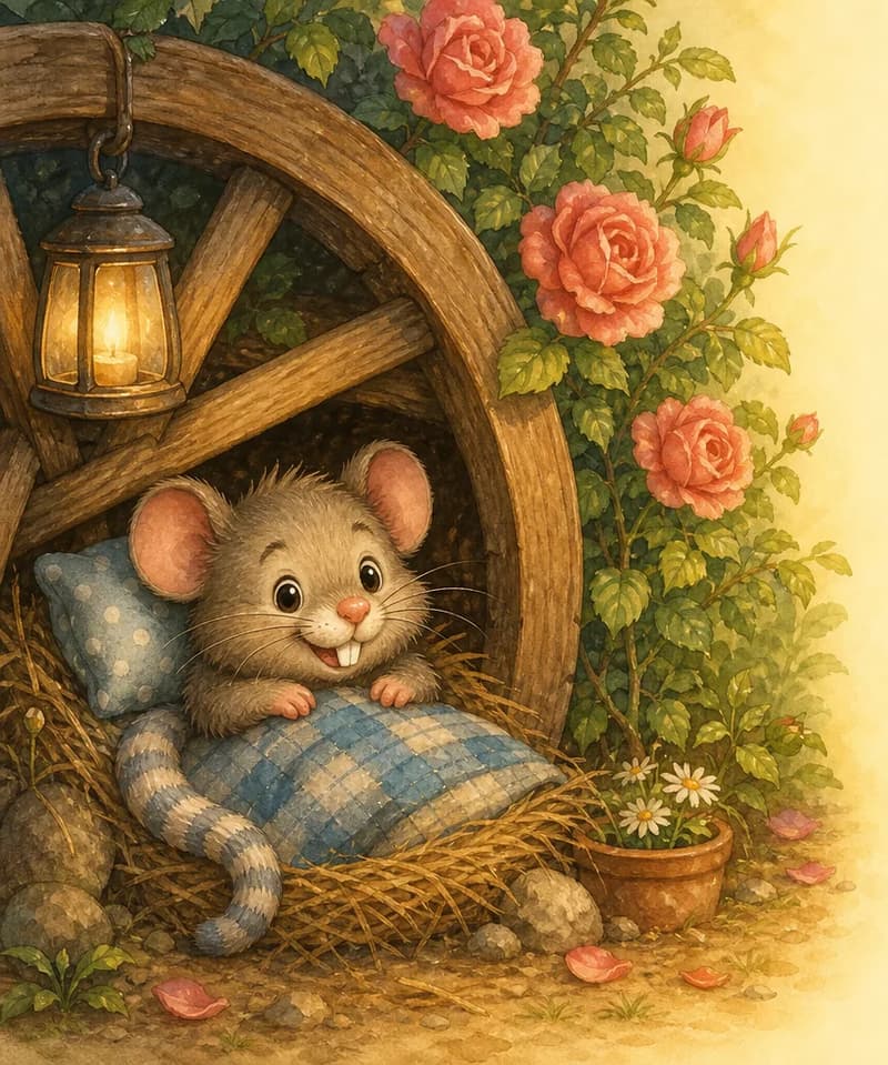Closing image: Ramón is back in his cozy corner under the old wooden wheel beside the rosebush, settled in for the evening. He looks content and at peace. Mood: peaceful, satisfying closing page.