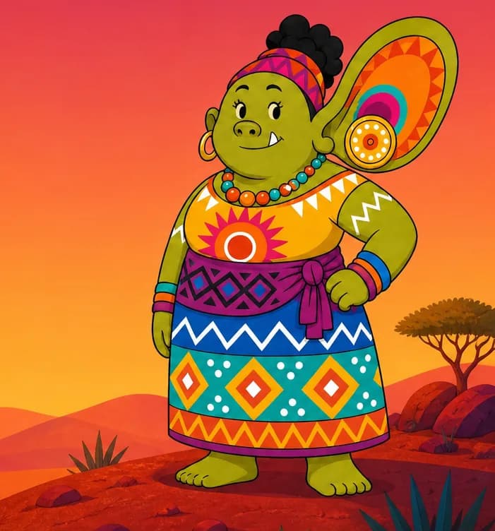 Create a single full-page children's book illustration. Use the attached character reference images and match each named character exactly — same shapes, colors and contemporary clothing; do not redesign them. SCENE: Dhegdheer (match attached reference) stands on a hilltop, with her ear spread wide. The place is a red desert plain with sand dunes. COMPOSITION: Compose ONE full-bleed scene with a single continuous background that fills the whole image, characters at natural size placed toward the RIGHT. Keep the LEFT 50% text area genuinely open inside a smooth, low-detail gradient blur covering the LEFT 60% of the image. Use only a plain, continuous continuation of the scene background there, with NO characters, objects, props, hanging items, plants, patterns or decorations. Keep all important characters and detailed scene content in the RIGHT 40%, with only a soft natural fade into the blurred left text area. That LEFT 50% text area must be the SAME continuous background color as the scene (not a flat panel, not a different shade, no dividing line). Do NOT shrink or squash the characters. Book text will be overlaid in the LEFT 50% text area. Do not include any written text, letters, numbers, captions, speech bubbles, signs, labels, logos, or watermarks anywhere; the image must be purely illustrative.

[EDITOR_REGEN_REQUIREMENTS]
These editor requirements are mandatory and override any conflicting earlier wording:
- Change the name Asad in all versions to a girl's name that fit in the phonics lesson.