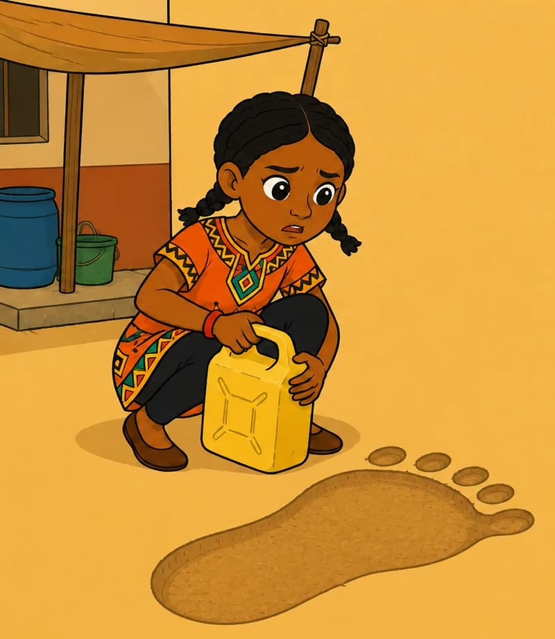 Create a single full-page children's book illustration. Use the attached character reference images and match each named character exactly — same shapes, colors and contemporary clothing; do not redesign them. SCENE: Ada (match attached reference) crouches in the sand beside a small contemporary rural homestead with a canvas shade, a simple modern house wall, and practical water containers nearby, holding a plastic water jerrycan. She looks at a huge strange footprint with a frightened but determined expression. COMPOSITION: Compose ONE full-bleed scene with a single continuous background that fills the whole image, characters at natural size placed toward the LEFT. Keep the RIGHT 50% text area genuinely open — plain, continuous background with NO characters, objects, props, hanging items, plants, patterns or decorations in it — while the rest of the scene fills the frame naturally. That RIGHT 50% text area must be the SAME continuous background color as the scene (not a flat panel, not a different shade, no dividing line). Do NOT shrink or squash the characters. Book text will be overlaid in the RIGHT 50% text area. Do not include any written text, letters, numbers, captions, speech bubbles, signs, labels, logos, or watermarks anywhere; the image must be purely illustrative.

[EDITOR_REGEN_REQUIREMENTS]
These editor requirements are mandatory and override any conflicting earlier wording:
- Change the name Asad in all versions to a girl's name that fit in the phonics lesson.