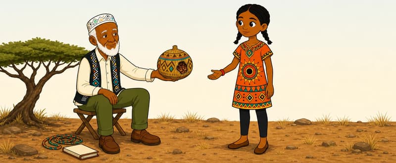 Create a single full-page children's book illustration. Use the attached character reference images and match each named character exactly — same shapes, colors and contemporary clothing; do not redesign them. SCENE: Old Nuur (match attached reference) sits on a low folding stool under an acacia tree, holding out a seed pod (match attached reference; held loose in Old Nuur's hand) to Ada (match attached reference). Ada stands in front of him with one hand open, listening, while a small coil of braided cord and a modern notebook rest beside him. COMPOSITION: Compose ONE full-bleed scene with a single continuous background that fills the whole image, characters at natural size placed in the lower part of the frame. Keep the TOP 50% text area genuinely open inside a smooth, low-detail gradient blur covering the TOP 60% of the image. Use only a plain, continuous continuation of the scene background there, with NO characters, objects, props, hanging items, plants, patterns or decorations. Keep all important characters and detailed scene content in the LOWER 40%, with only a soft natural fade into the blurred top text area. That TOP 50% text area must be the SAME continuous background color as the scene (not a flat panel, not a different shade, no dividing line). Do NOT shrink or squash the characters. Book text will be overlaid in the TOP 50% text area. Do not include any written text, letters, numbers, captions, speech bubbles, signs, labels, logos, or watermarks anywhere; the image must be purely illustrative.

[EDITOR_REGEN_REQUIREMENTS]
These editor requirements are mandatory and override any conflicting earlier wording:
- Change the name Asad in all versions to a girl's name that fit in the phonics lesson.