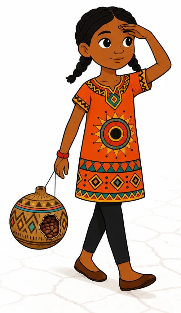 Create a single full-page children's book illustration. Use the attached character reference images and match each named character exactly — same shapes, colors and contemporary clothing; do not redesign them. SCENE: Ada (match attached reference) walks alone across a cracked white salt pan. A seed pod (match attached reference; tied to Ada's wrist) is tied to her wrist as she squints and thinks. COMPOSITION: Compose ONE full-bleed scene with a single continuous background that fills the whole image, characters at natural size placed toward the RIGHT. Keep the LEFT 50% text area genuinely open — plain, continuous background with NO characters, objects, props, hanging items, plants, patterns or decorations in it — while the rest of the scene fills the frame naturally. That LEFT 50% text area must be the SAME continuous background color as the scene (not a flat panel, not a different shade, no dividing line). Do NOT shrink or squash the characters. Book text will be overlaid in the LEFT 50% text area. Do not include any written text, letters, numbers, captions, speech bubbles, signs, labels, logos, or watermarks anywhere; the image must be purely illustrative.

[EDITOR_REGEN_REQUIREMENTS]
These editor requirements are mandatory and override any conflicting earlier wording:
- Change the name Asad in all versions to a girl's name that fit in the phonics lesson.