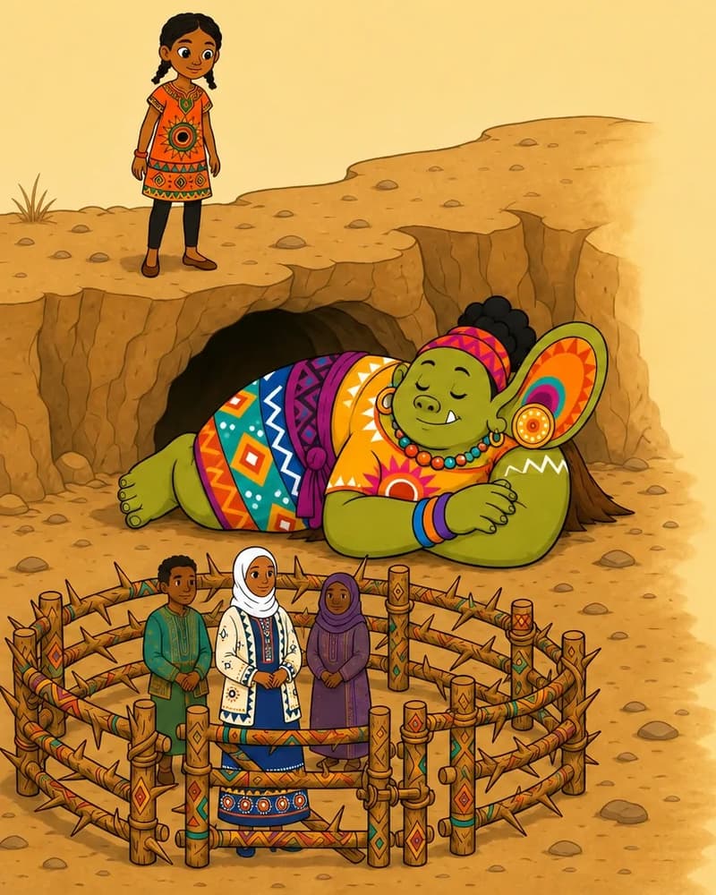 Create a single full-page children's book illustration. Use the attached character reference images and match each named character exactly — same shapes, colors and contemporary clothing; do not redesign them. SCENE: Ada (match attached reference) peers down into a dry ravine with a cave and a thorn pen (match attached reference; closed and intact) below. Dhegdheer (match attached reference) sleeps and blocks the cave entrance, and Ada's Mother (match attached reference) is among the prisoners. COMPOSITION: Compose ONE full-bleed scene with a single continuous background that fills the whole image, characters at natural size placed toward the LEFT. Keep the RIGHT 50% text area genuinely open — plain, continuous background with NO characters, objects, props, hanging items, plants, patterns or decorations in it — while the rest of the scene fills the frame naturally. That RIGHT 50% text area must be the SAME continuous background color as the scene (not a flat panel, not a different shade, no dividing line). Do NOT shrink or squash the characters. Book text will be overlaid in the RIGHT 50% text area. Do not include any written text, letters, numbers, captions, speech bubbles, signs, labels, logos, or watermarks anywhere; the image must be purely illustrative.

[EDITOR_REGEN_REQUIREMENTS]
Dhegdheer must match the current canonical character image exactly: olive-green skin, rounded face and pig-like nose, small white tusk, black hair bun, magenta-orange headband, one enormous orange/turquoise/magenta patterned ear and gold disc earring, orange-yellow sunburst top, purple patterned waist sash, blue/teal/orange geometric skirt, beads and bangles, bare green feet. No charcoal-gray skin, bald head or ragged brown coat. Preserve the scene action, expression, other characters and composition.