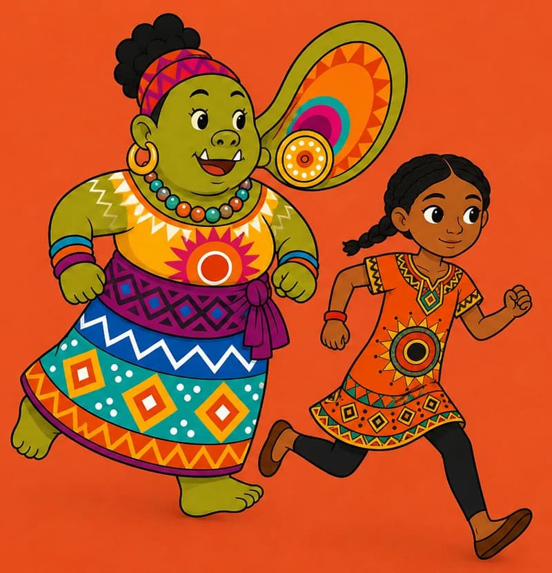 Create a single full-page children's book illustration. Use the attached character reference images and match each named character exactly — same shapes, colors and contemporary clothing; do not redesign them. SCENE: Ada (match attached reference) sprints across red sand while Dhegdheer (match attached reference) chases close behind. Dhegdheer's ear points toward Ada. COMPOSITION: Compose ONE full-bleed scene with a single continuous background that fills the whole image, characters at natural size placed toward the RIGHT. Keep the LEFT 50% text area genuinely open — plain, continuous background with NO characters, objects, props, hanging items, plants, patterns or decorations in it — while the rest of the scene fills the frame naturally. That LEFT 50% text area must be the SAME continuous background color as the scene (not a flat panel, not a different shade, no dividing line). Do NOT shrink or squash the characters. Book text will be overlaid in the LEFT 50% text area. Do not include any written text, letters, numbers, captions, speech bubbles, signs, labels, logos, or watermarks anywhere; the image must be purely illustrative.

[EDITOR_REGEN_REQUIREMENTS]
These editor requirements are mandatory and override any conflicting earlier wording:
- Change the name Asad in all versions to a girl's name that fit in the phonics lesson.
- missing arm