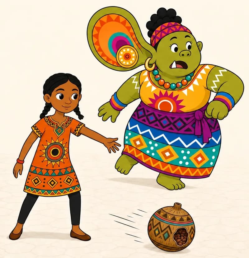 Create a single full-page children's book illustration. Use the attached character reference images and match each named character exactly — same shapes, colors and contemporary clothing; do not redesign them. SCENE: Ada (match attached reference) stands at the edge of a salt pan with one arm out after throwing a seed pod (match attached reference; untied and skittering across the salt crust). Dhegdheer (match attached reference) lunges the wrong way while her ear swings left. COMPOSITION: Compose ONE full-bleed scene with a single continuous background that fills the whole image, characters at natural size placed toward the LEFT. Keep the RIGHT 50% text area genuinely open — plain, continuous background with NO characters, objects, props, hanging items, plants, patterns or decorations in it — while the rest of the scene fills the frame naturally. That RIGHT 50% text area must be the SAME continuous background color as the scene (not a flat panel, not a different shade, no dividing line). Do NOT shrink or squash the characters. Book text will be overlaid in the RIGHT 50% text area. Do not include any written text, letters, numbers, captions, speech bubbles, signs, labels, logos, or watermarks anywhere; the image must be purely illustrative.

[EDITOR_REGEN_REQUIREMENTS]
Dhegdheer must match the current canonical character image exactly: olive-green skin, rounded face and pig-like nose, small white tusk, black hair bun, magenta-orange headband, one enormous orange/turquoise/magenta patterned ear and gold disc earring, orange-yellow sunburst top, purple patterned waist sash, blue/teal/orange geometric skirt, beads and bangles, bare green feet. No charcoal-gray skin, bald head or ragged brown coat. Preserve the scene action, expression, other characters and composition.