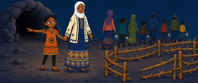 Create a single full-page children's book illustration. Use the attached character reference images and match each named character exactly — same shapes, colors and contemporary clothing; do not redesign them. SCENE: Ada (match attached reference) holds the hand of Ada's Mother (match attached reference) and points south as mothers, children, and herdsmen in contemporary practical clothing leave the thorn pen (match attached reference; torn open). The scene is outside an empty cave at night, with a few small flashlights kept low and dim. COMPOSITION: Compose ONE full-bleed scene with a single continuous background that fills the whole image, characters at natural size placed in the lower part of the frame. Keep the TOP 50% text area genuinely open — plain, continuous background with NO characters, objects, props, hanging items, plants, patterns or decorations in it — while the rest of the scene fills the frame naturally. That TOP 50% text area must be the SAME continuous background color as the scene (not a flat panel, not a different shade, no dividing line). Do NOT shrink or squash the characters. Book text will be overlaid in the TOP 50% text area. Do not include any written text, letters, numbers, captions, speech bubbles, signs, labels, logos, or watermarks anywhere; the image must be purely illustrative.

[EDITOR_REGEN_REQUIREMENTS]
These editor requirements are mandatory and override any conflicting earlier wording:
- Change the name Asad in all versions to a girl's name that fit in the phonics lesson.