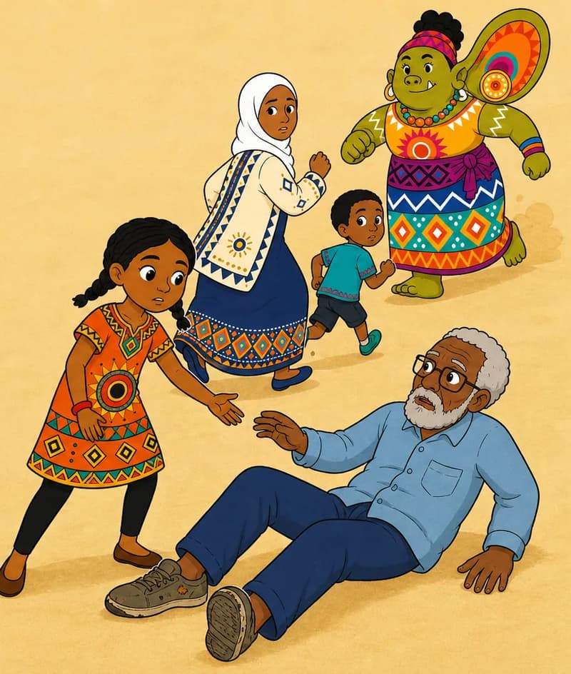 Create a single full-page children's book illustration. Use the attached character reference images and match each named character exactly — same shapes, colors and contemporary clothing; do not redesign them. SCENE: Ada (match attached reference), Ada's Mother (match attached reference), and the fleeing group run across the sand and look back at Dhegdheer (match attached reference) in the distance. An elderly man in modern simple clothing and worn shoes has fallen ahead of them, and Ada turns back to help him. COMPOSITION: Compose ONE full-bleed scene with a single continuous background that fills the whole image, characters at natural size placed toward the RIGHT. Keep the LEFT 50% text area genuinely open — plain, continuous background with NO characters, objects, props, hanging items, plants, patterns or decorations in it — while the rest of the scene fills the frame naturally. That LEFT 50% text area must be the SAME continuous background color as the scene (not a flat panel, not a different shade, no dividing line). Do NOT shrink or squash the characters. Book text will be overlaid in the LEFT 50% text area. Do not include any written text, letters, numbers, captions, speech bubbles, signs, labels, logos, or watermarks anywhere; the image must be purely illustrative.

[EDITOR_REGEN_REQUIREMENTS]
These editor requirements are mandatory and override any conflicting earlier wording:
- Change the name Asad in all versions to a girl's name that fit in the phonics lesson.