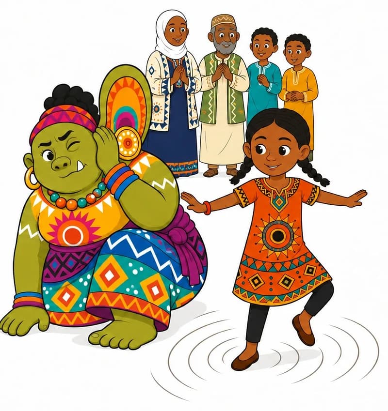 Create a single full-page children's book illustration. Use the attached character reference images and match each named character exactly — same shapes, colors and contemporary clothing; do not redesign them. SCENE: Ada (match attached reference) stands in a white salt pan, stamping and shuffling with arms spread as noise ripples outward. Dhegdheer (match attached reference) crouches at the edge covering her ear, while the freed prisoners, including Ada's Mother (match attached reference), and the old man watch from far away. COMPOSITION: Compose ONE full-bleed scene with a single continuous background that fills the whole image, characters at natural size placed toward the LEFT. Keep the RIGHT 50% text area genuinely open — plain, continuous background with NO characters, objects, props, hanging items, plants, patterns or decorations in it — while the rest of the scene fills the frame naturally. That RIGHT 50% text area must be the SAME continuous background color as the scene (not a flat panel, not a different shade, no dividing line). Do NOT shrink or squash the characters. Book text will be overlaid in the RIGHT 50% text area. Do not include any written text, letters, numbers, captions, speech bubbles, signs, labels, logos, or watermarks anywhere; the image must be purely illustrative.

[EDITOR_REGEN_REQUIREMENTS]
Dhegdheer must match the current canonical character image exactly: olive-green skin, rounded face and pig-like nose, small white tusk, black hair bun, magenta-orange headband, one enormous orange/turquoise/magenta patterned ear and gold disc earring, orange-yellow sunburst top, purple patterned waist sash, blue/teal/orange geometric skirt, beads and bangles, bare green feet. No charcoal-gray skin, bald head or ragged brown coat. Preserve the scene action, expression, other characters and composition.