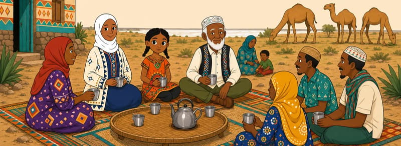 Create a single full-page children's book illustration. Use the attached character reference images and match each named character exactly — same shapes, colors and contemporary clothing; do not redesign them. SCENE: Ada (match attached reference) and Ada's Mother (match attached reference) sit outside their simple contemporary rural home, sharing tea from a metal kettle and modern cups with Old Nuur (match attached reference) and freed villagers. Three camels graze nearby, with a white salt pan in the distance. COMPOSITION: Compose ONE full-bleed scene with a single continuous background that fills the whole image, characters at natural size placed in the lower part of the frame. Keep the TOP 50% text area genuinely open — plain, continuous background with NO characters, objects, props, hanging items, plants, patterns or decorations in it — while the rest of the scene fills the frame naturally. That TOP 50% text area must be the SAME continuous background color as the scene (not a flat panel, not a different shade, no dividing line). Do NOT shrink or squash the characters. Book text will be overlaid in the TOP 50% text area. Do not include any written text, letters, numbers, captions, speech bubbles, signs, labels, logos, or watermarks anywhere; the image must be purely illustrative.

[EDITOR_REGEN_REQUIREMENTS]
These editor requirements are mandatory and override any conflicting earlier wording:
- Change the name Asad in all versions to a girl's name that fit in the phonics lesson.