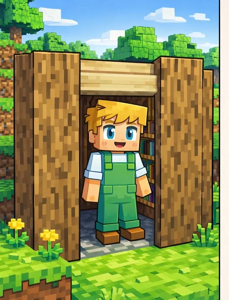 On the left side of the image, Ned stands inside the open doorway of a small wooden shed, facing outward with a warm smile. The shed is a simple, compact structure made of wooden planks with a bookshelf visible inside, set on a grassy hillside surrounded by trees and small yellow flowers under a daytime sky with light clouds. The right ~40% of the image is plain light background suitable for text overlay.
