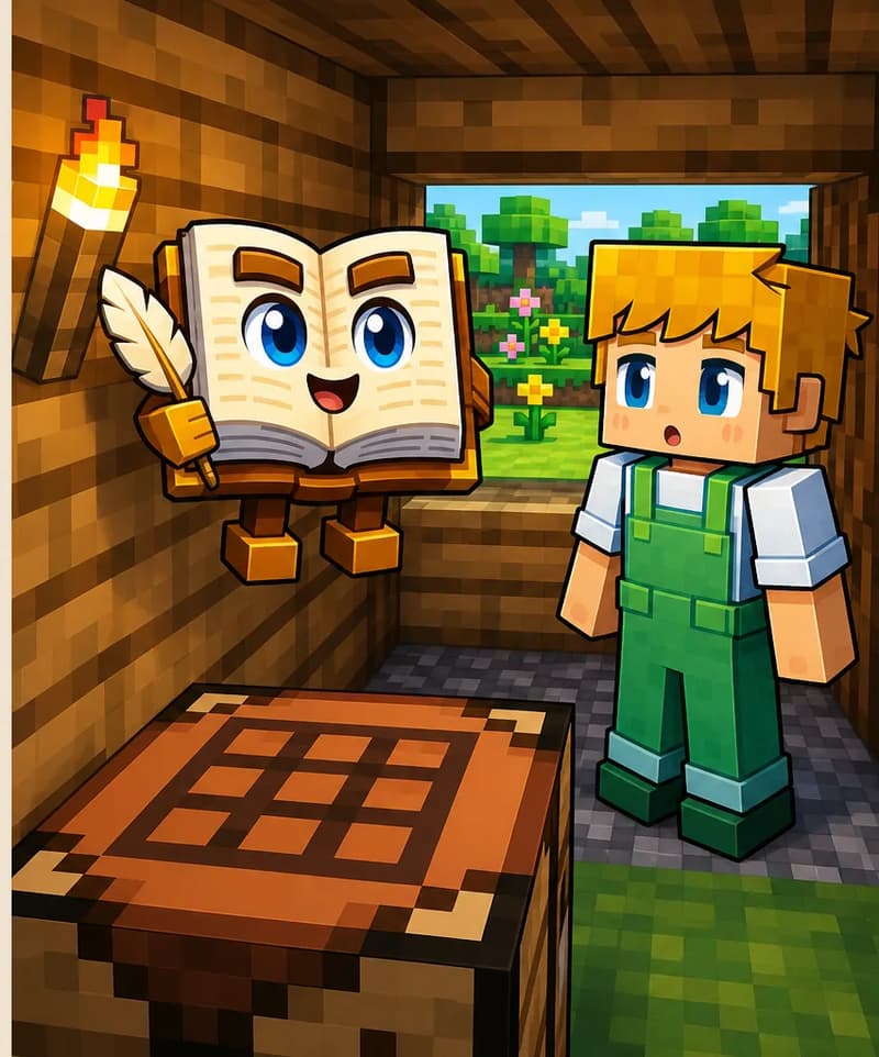On the right side of the image, Ned stands inside a wooden shed, facing forward with a surprised, attentive expression. The shed interior has wooden plank walls, a crafting table, a torch mounted on the wall providing warm light, and a patterned rug on the floor. Through an open doorway behind Ned, green grass and flowers are visible outside in daylight. The Book floats in the air near the center-right, its cream-colored pages open wide, its large round bright blue eyes and small smiling mouth visible on the open pages, positioned as if speaking to Ned. A tan quill feather pen is held in its right hand. 50% negative space on left